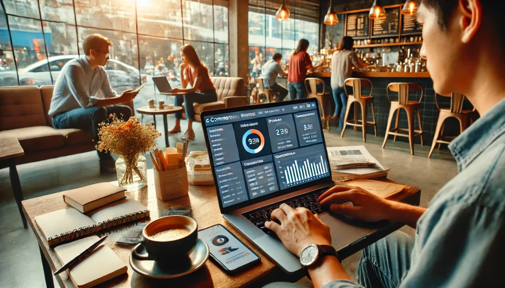 A person managing their online business from a coffee shop on a computer.
