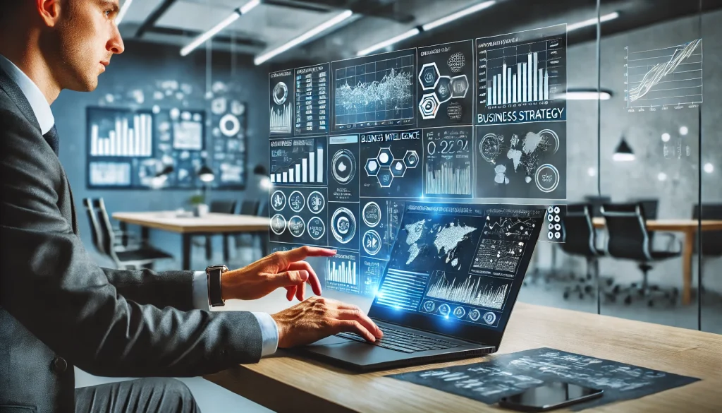 A person using a laptop to draw a business strategy