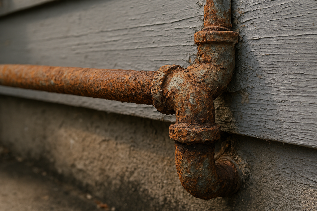 Plumbing issues in old houses, showing corroded pipes and water damage